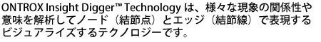 ONTROX Insight Digger™ Technologyは、様々な現象の関係性や意味を解析してノード（結節点）とエッジ（結節線）で表現するビジュアライズするテクノロジーです。